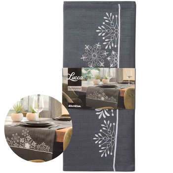 LUCCA SZARY OBRUS BIEŻNIK ZE ŚWIĄTECZNYM BIAŁYM HAFTEM 40X140CM