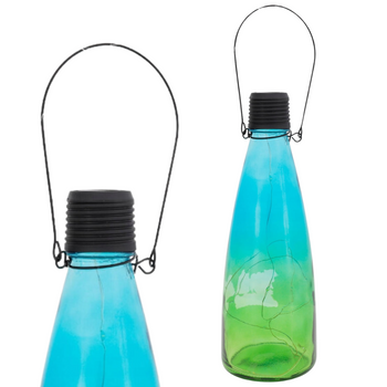 LAMPKA SOLARNA BUTELKA WISZĄCA CIENIOWANA ZIELONO NIEBIESKA