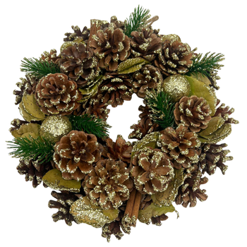 WIENIEC ŚWIĄTECZNY BRĄZOWE SZYSZKI ZE ZŁOTTYM BROKATEM