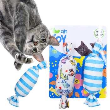 CAT TOY ZABAWKA DLA KOTA Z KOCIMIĘTKĄ 2 SZT. CUKIERKI BIAŁY W KOTY I BIAŁY  W NIEBIESKIE PASKI
