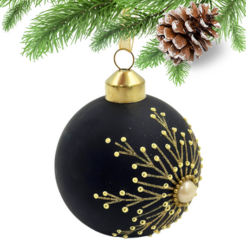 SZKLANA BOMBKA MATOWA CZARNA ZŁOTA ŚNIEŻYNKA Z PEREŁKĄ