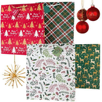 ZESTAW TOREBEK PREZENTOWYCH ŚWIĄTECZNYCH W RÓŻNE WZORY 4 SZTUKI 29X15X33CM KRATKA LIŚCIE