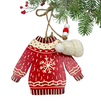 ZAWIESZKA DREWNIANA ŚWIĄTECZNA SWETER ZE ŚNIEŻYNKĄ Z CZAPKĄ