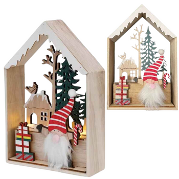 DEKORACJA ZIMOWA DREWNIANA GNOM DOMEK 20X13 CM