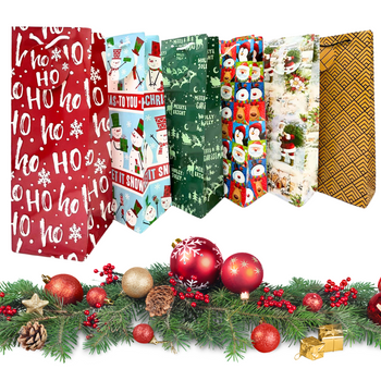 ZESTAW TOREBEK PREZENTOWYCH ŚWIĄTECZNYCH W RÓŻNE WZORY 6 SZTUK 13X9X36CM HOHO MERRY CHRISTMAS
