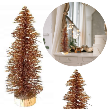 DEKORACYJNA CHOINKA NA DREWNIANYM STOJAKU 10X23CM ZŁOTA BROKATOWA