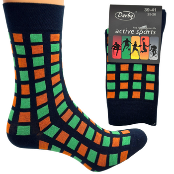 SKARPETKI MĘSKIE ACTIVE 39-41 DERBY GRANATOWE KWADRACIKI ZIELONO-POMARAŃCZOWE