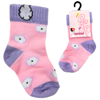 SKARPETKI DZIECIĘCE RÓŻOWE W BIAŁE KWIATKI 10-12 DEPOL OBRAMÓWKA FIOLETOWA