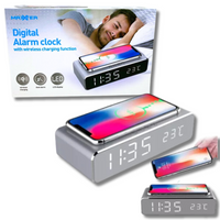 ZEGAREK BUDZIK ELEKTRONICZNY MAXXTER Z ŁADOWARKĄ srebrny